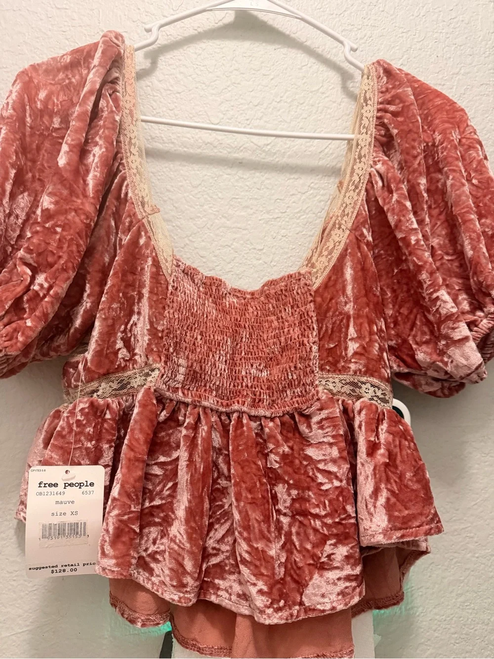 Free People Rose Crushed Velvet Lace-Trim Peplum Top